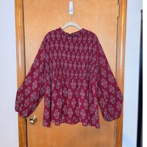 Clover + Scout Burgundy Medallion Smocked Babydoll Blouse Top 3X Boho